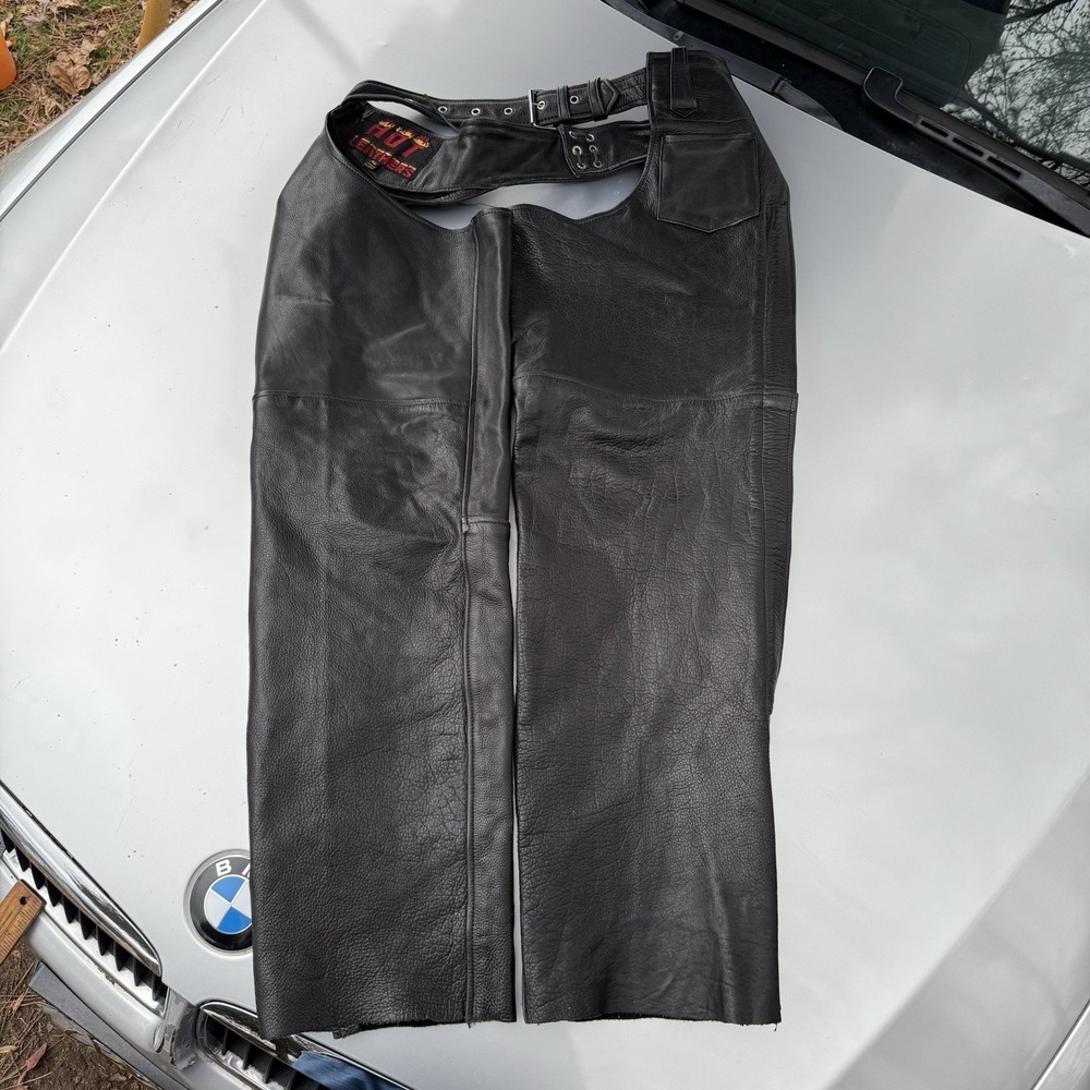 Vtg Hot Leather Motorcycle Chaps Sturgis Size XL Side Zip Snap Design Grunge